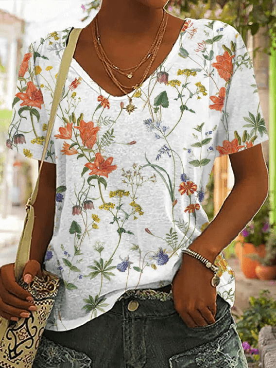 Casual V Neck Floral Loose T-Shirt-DESTINY