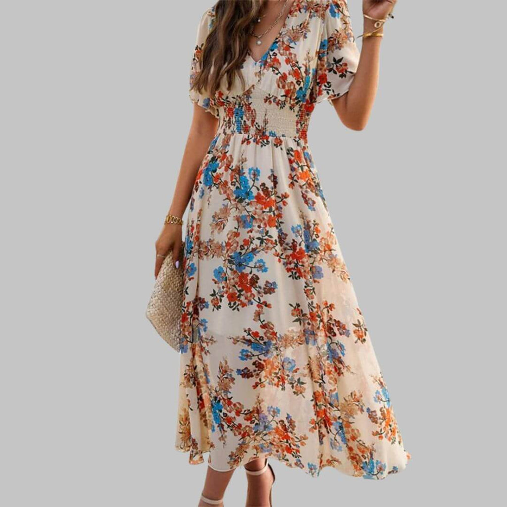 Isabella - Floral V-neck midi dress with short sleeves-DESTINY