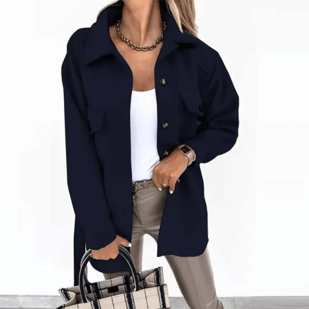 Blue Turned Collar With Button Fleece Long Summer Jacket-DESTINY