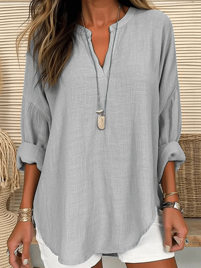 Women's Cotton Long Sleeve Round Neck Solid Color Loose Beach Shirt-DESTINY