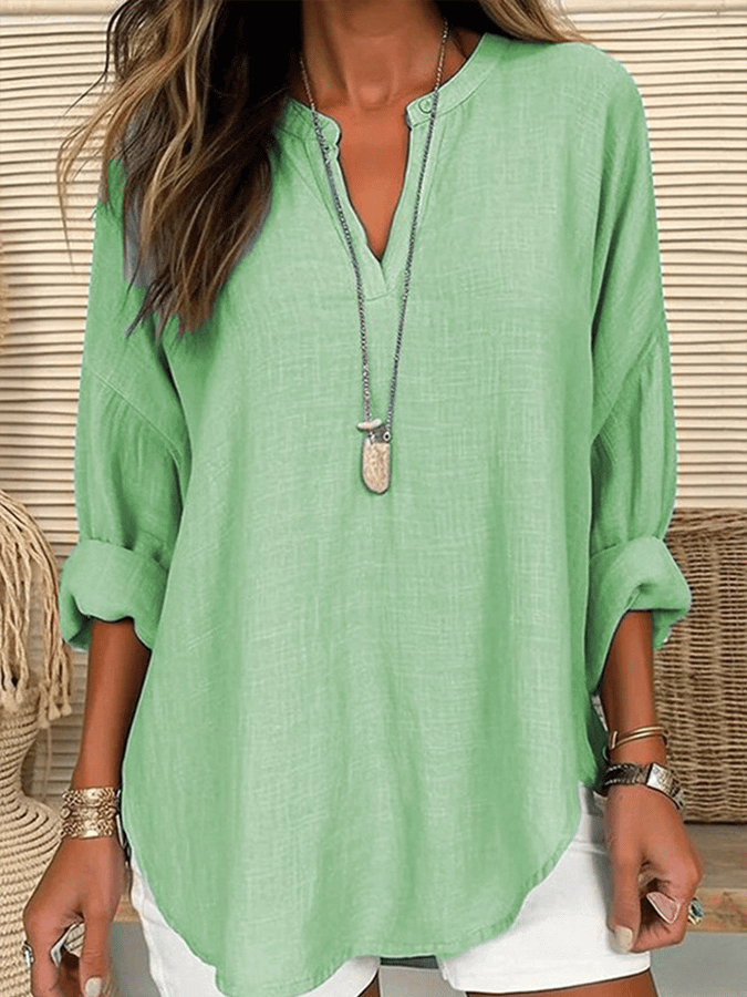 Women's Cotton Long Sleeve Round Neck Solid Color Loose Beach Shirt-DESTINY