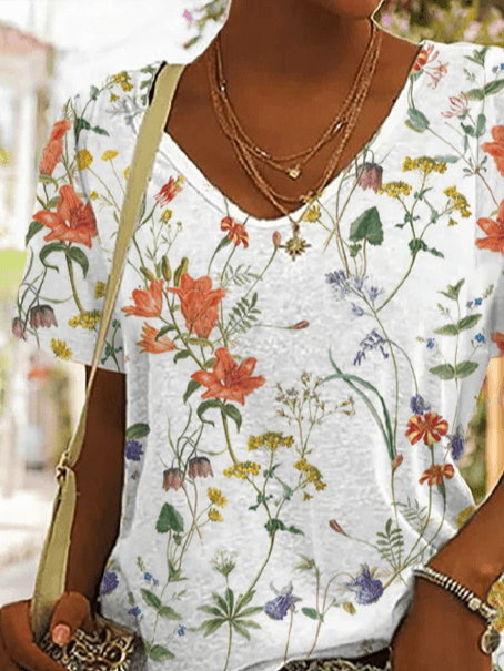 Casual V Neck Floral Loose T-Shirt-DESTINY
