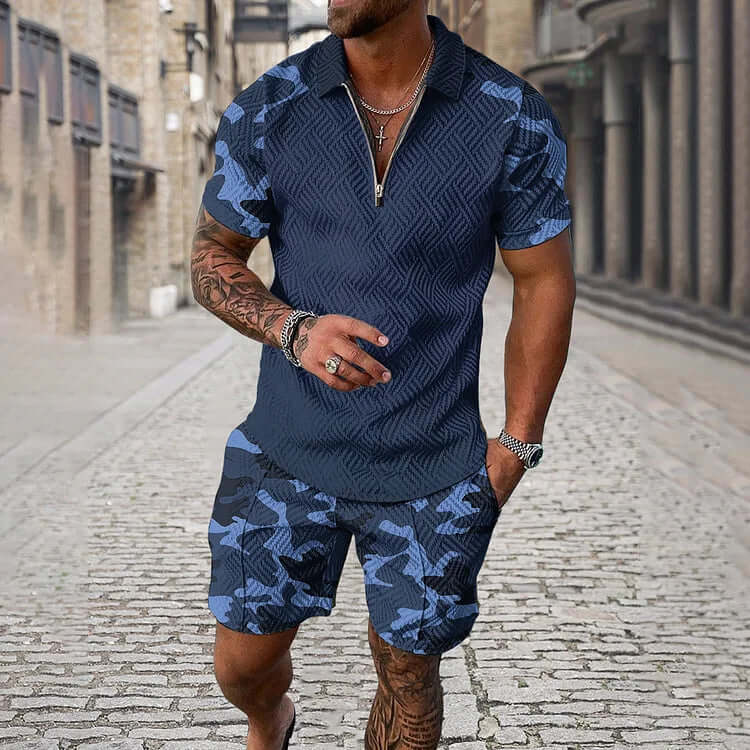 Men's Camouflage Sleeve Polo Shirt And Shorts Co-Ord-DESTINY