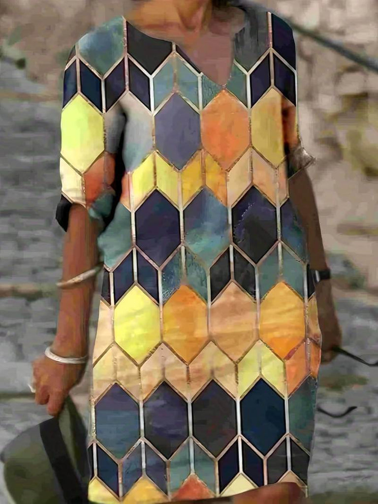 Mosaic - Long dress with V-neck and multicoloured print-DESTINY