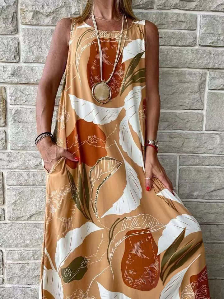 New Round Neck Sleeveless Leaf Print Splicing Personality Insert Pocket Loose Type Temperament Commuter Long Elegant Wind Dress-DESTINY