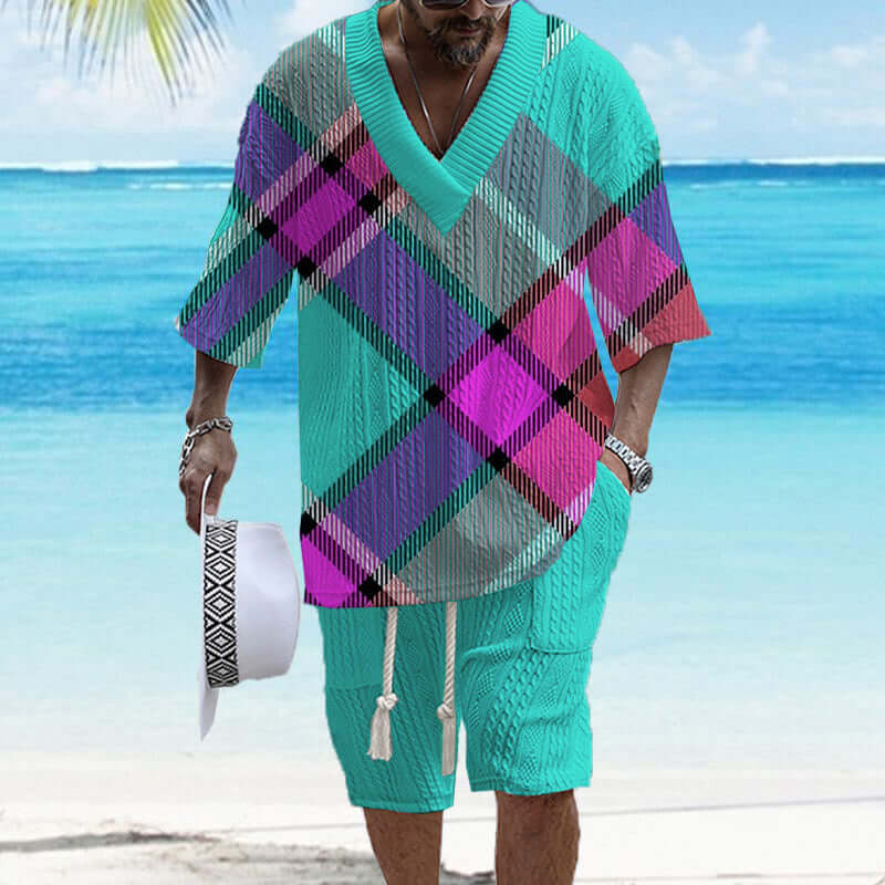 Men's Printed Short Sleeve Shorts Textured Set 02900264YY-DESTINY