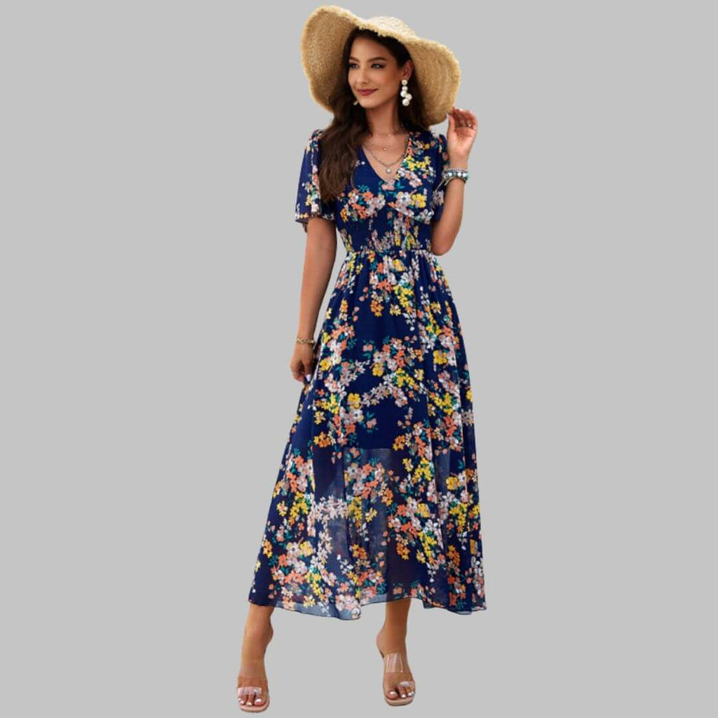 Isabella - Floral V-neck midi dress with short sleeves-DESTINY