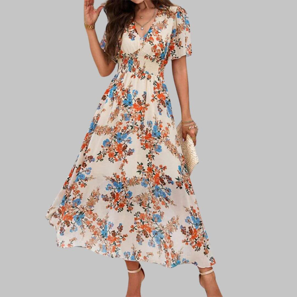 Isabella - Floral V-neck midi dress with short sleeves-DESTINY