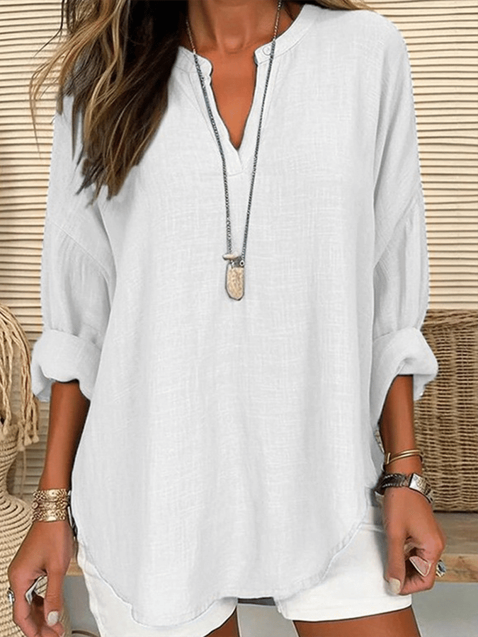 Women's Cotton Long Sleeve Round Neck Solid Color Loose Beach Shirt-DESTINY