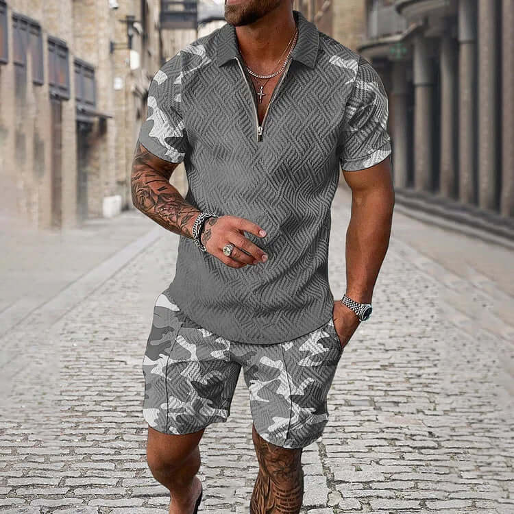 Men's Camouflage Sleeve Polo Shirt And Shorts Co-Ord-DESTINY