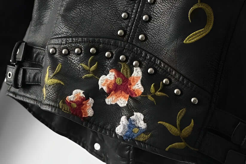 Womens Black Vegan Leather Floral Embroidered Jacket-DESTINY