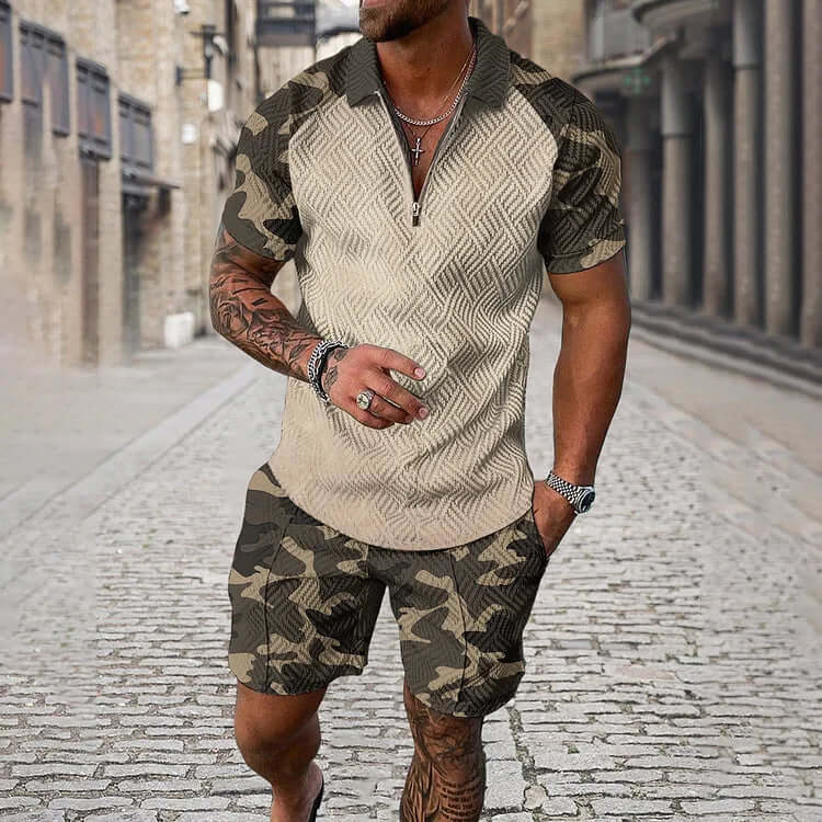 Men's Camouflage Sleeve Polo Shirt And Shorts Co-Ord-DESTINY