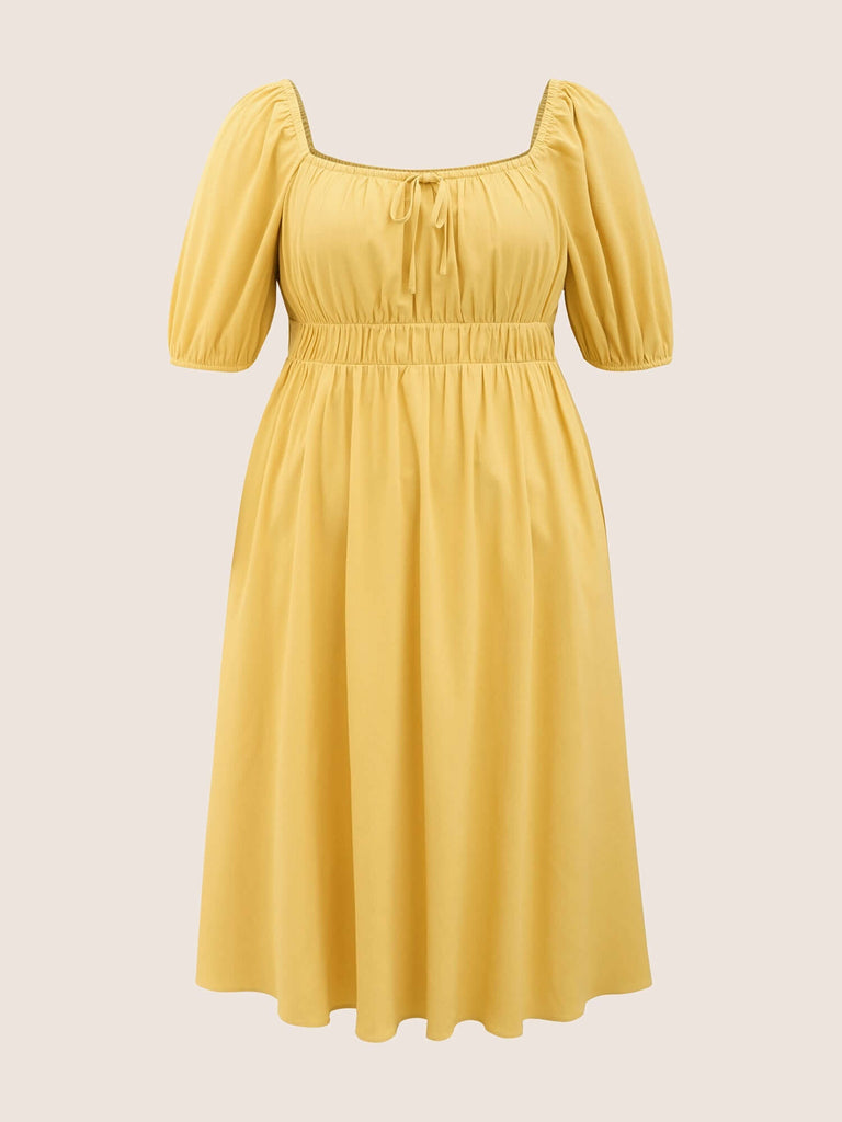 Plain Lantern Sleeve Drawstring Square Neck Dress-DESTINY