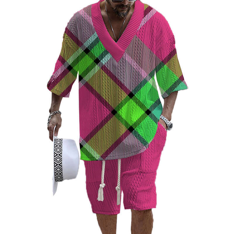 Men's Printed Short Sleeve Shorts Textured Set 02900264YY-DESTINY