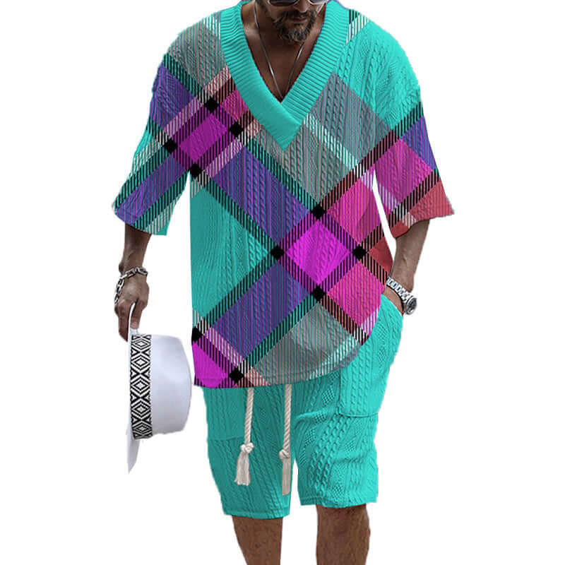 Men's Printed Short Sleeve Shorts Textured Set 02900264YY-DESTINY