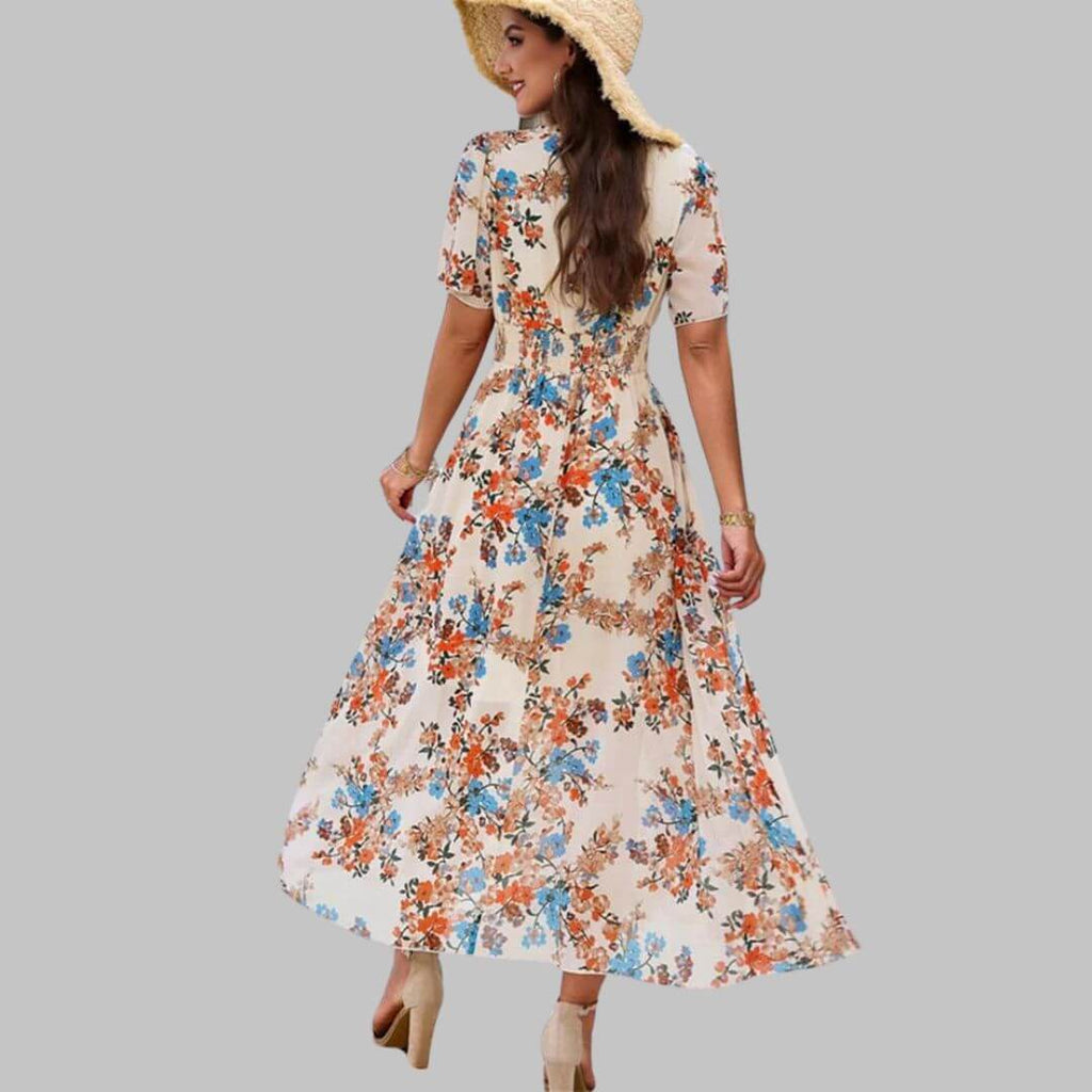 Isabella - Floral V-neck midi dress with short sleeves-DESTINY