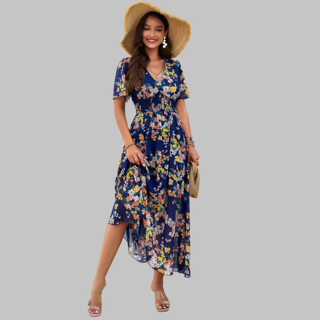 Isabella - Floral V-neck midi dress with short sleeves-DESTINY