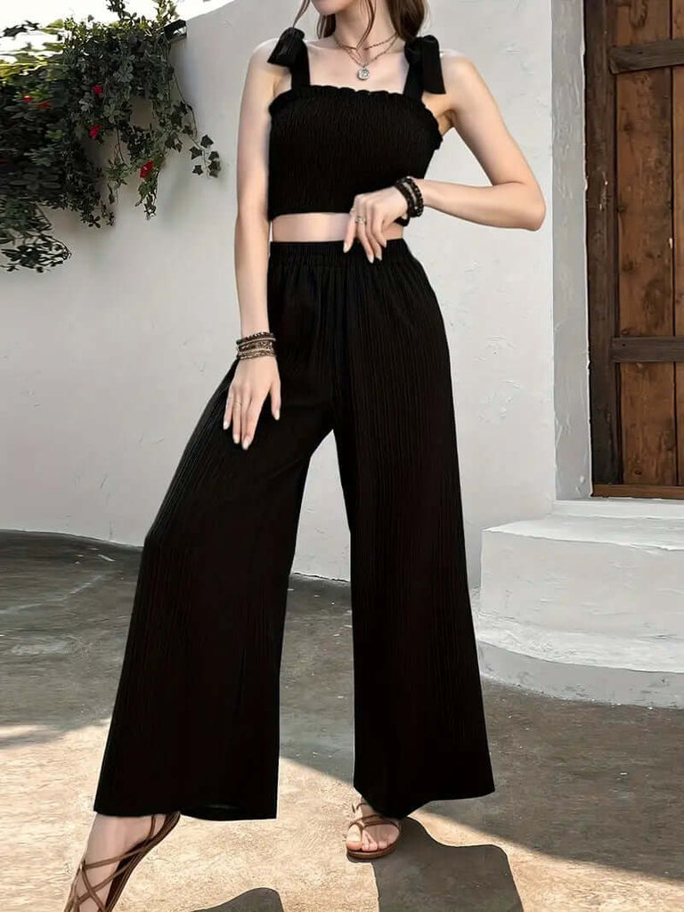 Cropped Top With Ruffles and Wide Trousers in a Set-DESTINY