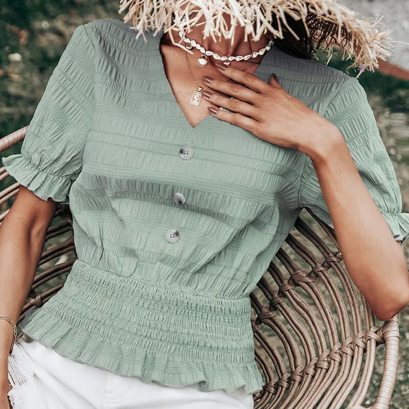 Madeleine - Pleated button-front blouse with peplum-DESTINY