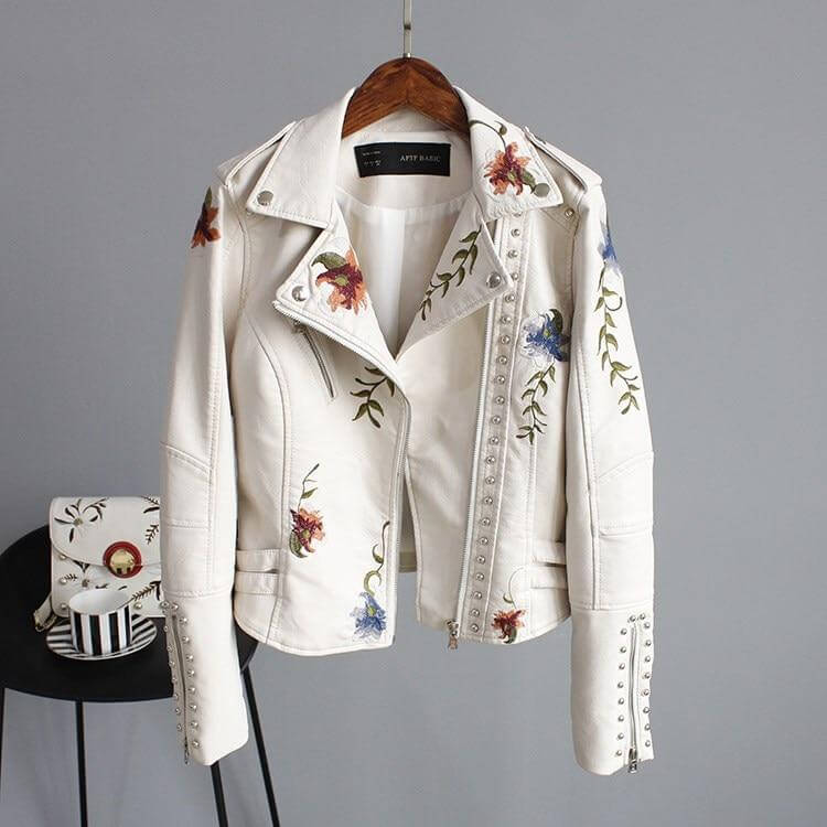 Womens Black Vegan Leather Floral Embroidered Jacket-DESTINY