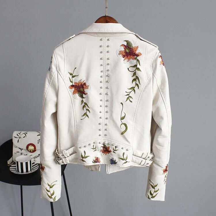 Womens Black Vegan Leather Floral Embroidered Jacket-DESTINY