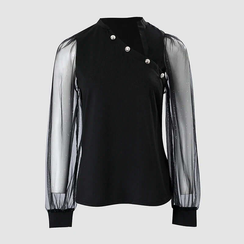 Glitter Translucent Long-Sleeved Mesh Top-DESTINY