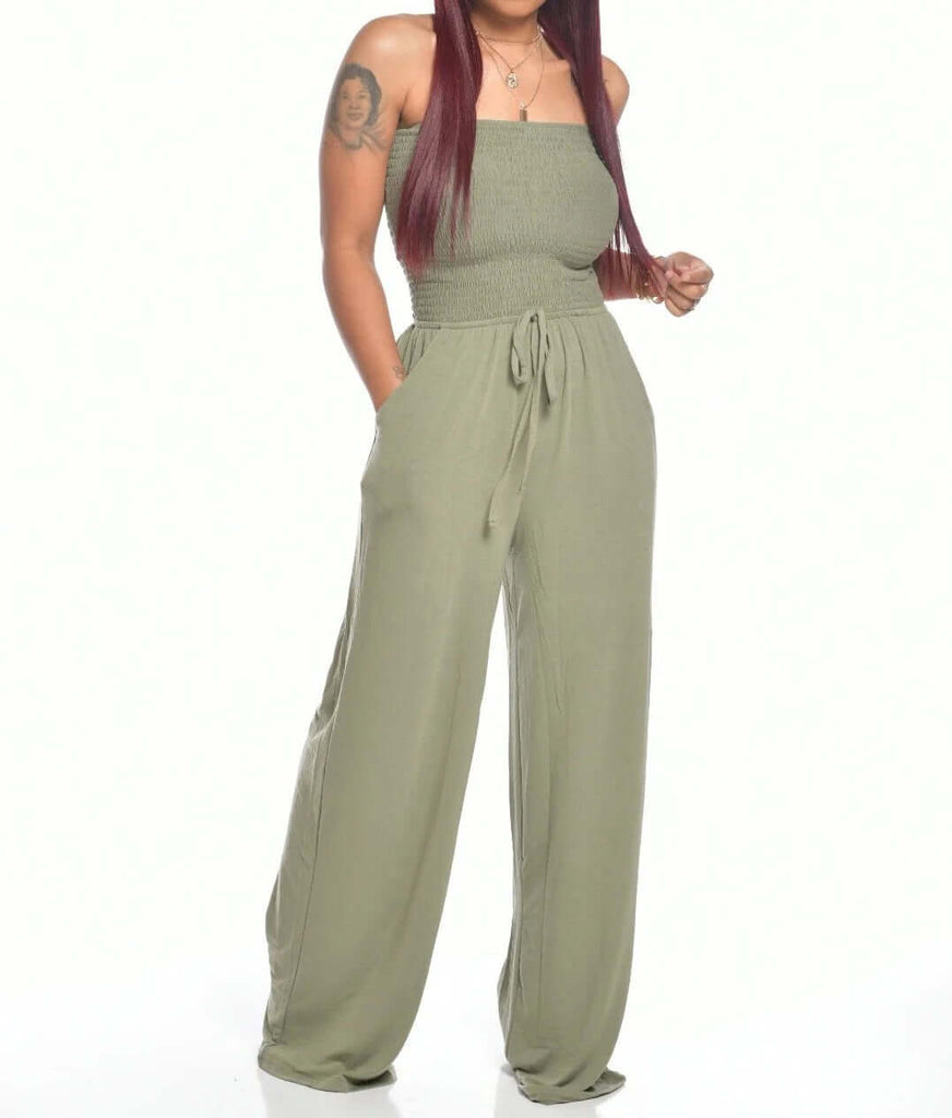Off Shoulder Solid Color Smocked Jumpsuit-DESTINY