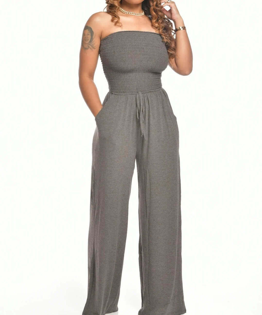 Off Shoulder Solid Color Smocked Jumpsuit-DESTINY