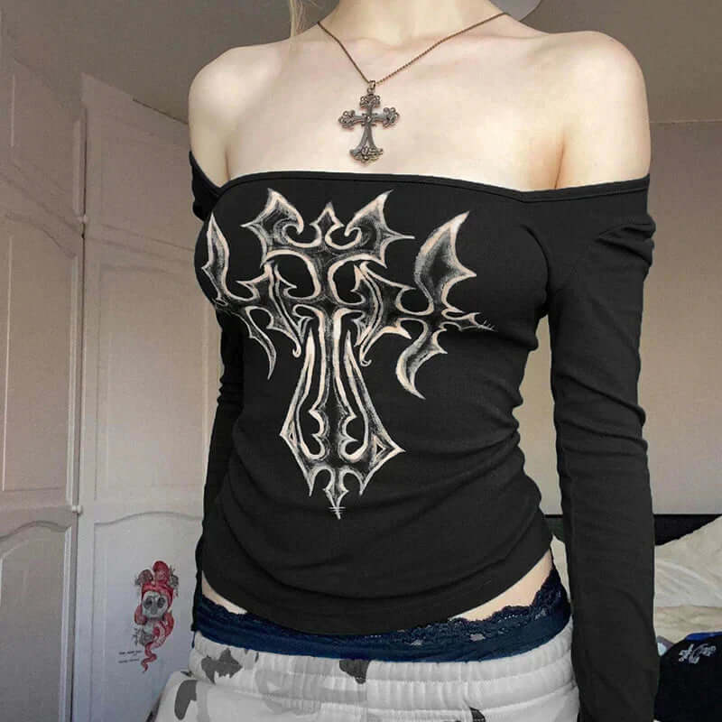Selene - Off-the-shoulder long sleeve top with grunge cross-DESTINY