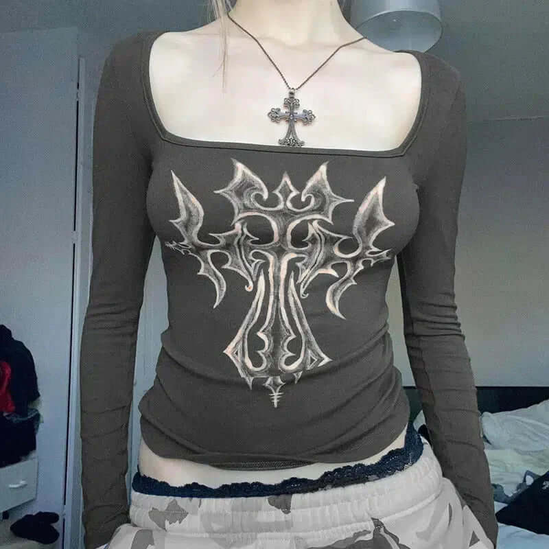 Selene - Off-the-shoulder long sleeve top with grunge cross-DESTINY