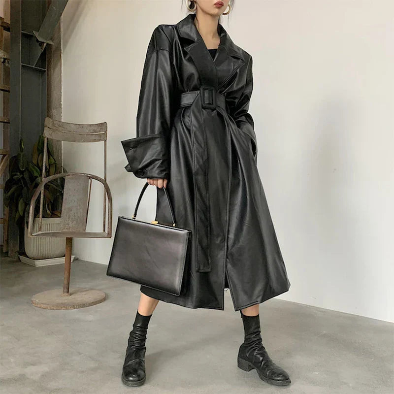 Oversized leather-like-like trench coat - Casual wear for everyday comfort-DESTINY