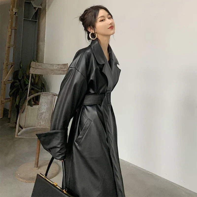 Oversized leather-like-like trench coat - Casual wear for everyday comfort-DESTINY