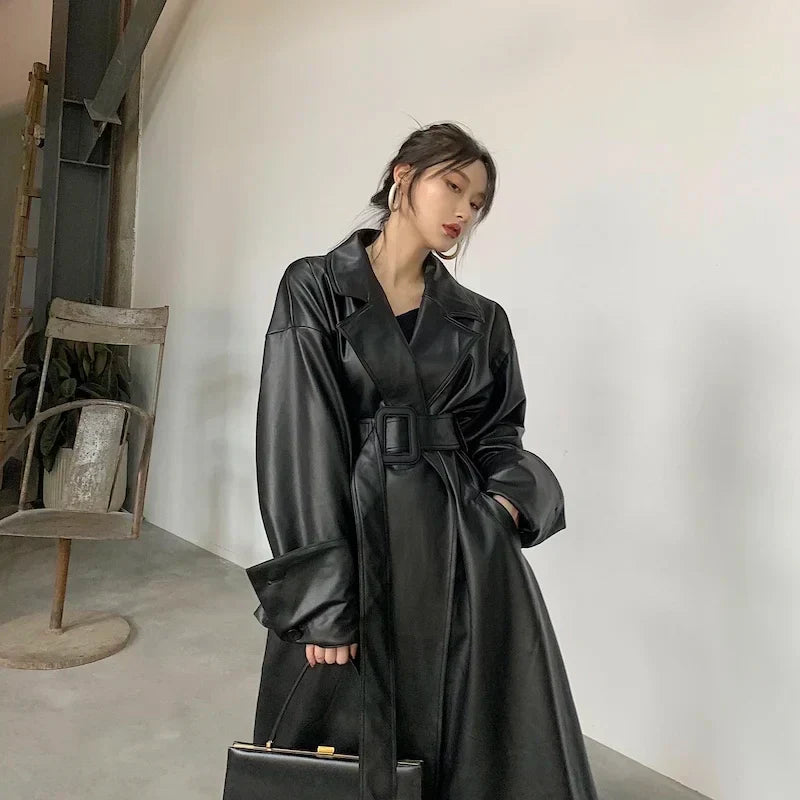 Oversized leather-like-like trench coat - Casual wear for everyday comfort-DESTINY