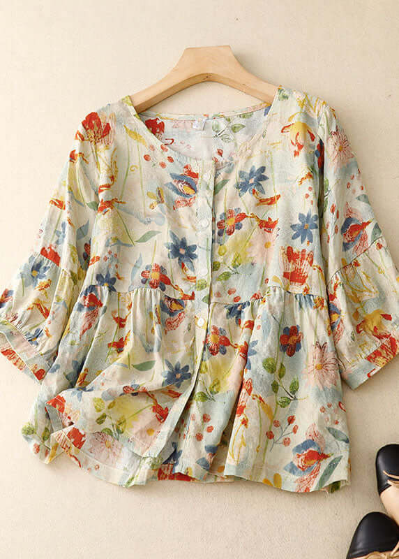 Italian Floral Wrinkled Button Patchwork Linen T Shirts Summer-DESTINY