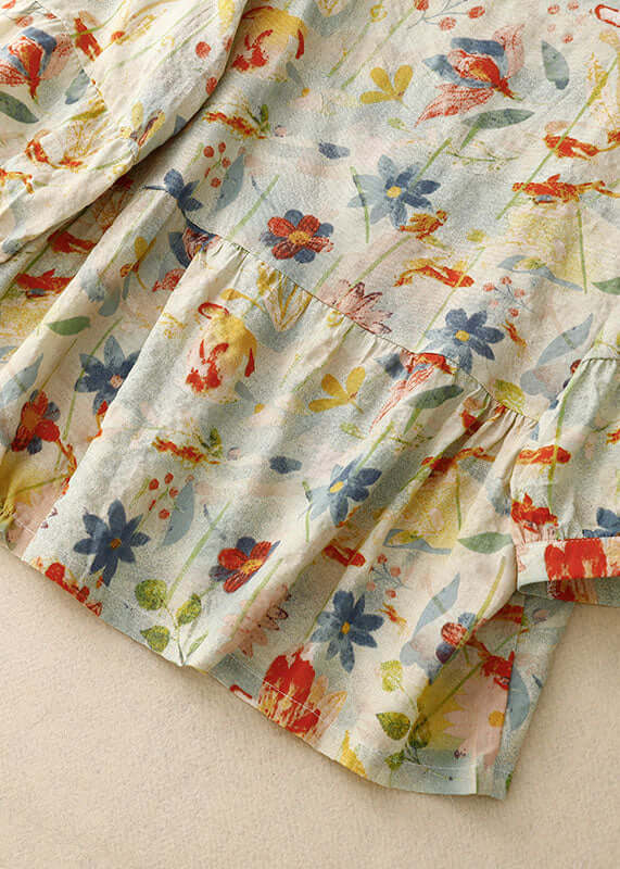 Italian Floral Wrinkled Button Patchwork Linen T Shirts Summer-DESTINY