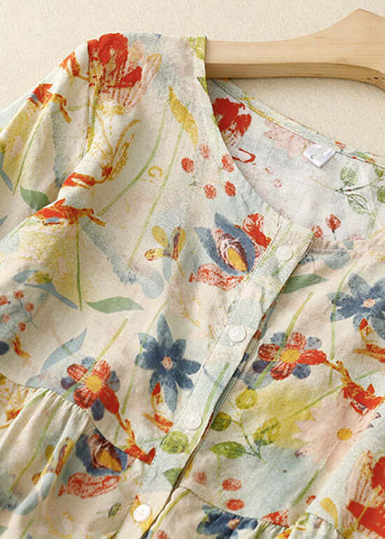 Italian Floral Wrinkled Button Patchwork Linen T Shirts Summer-DESTINY