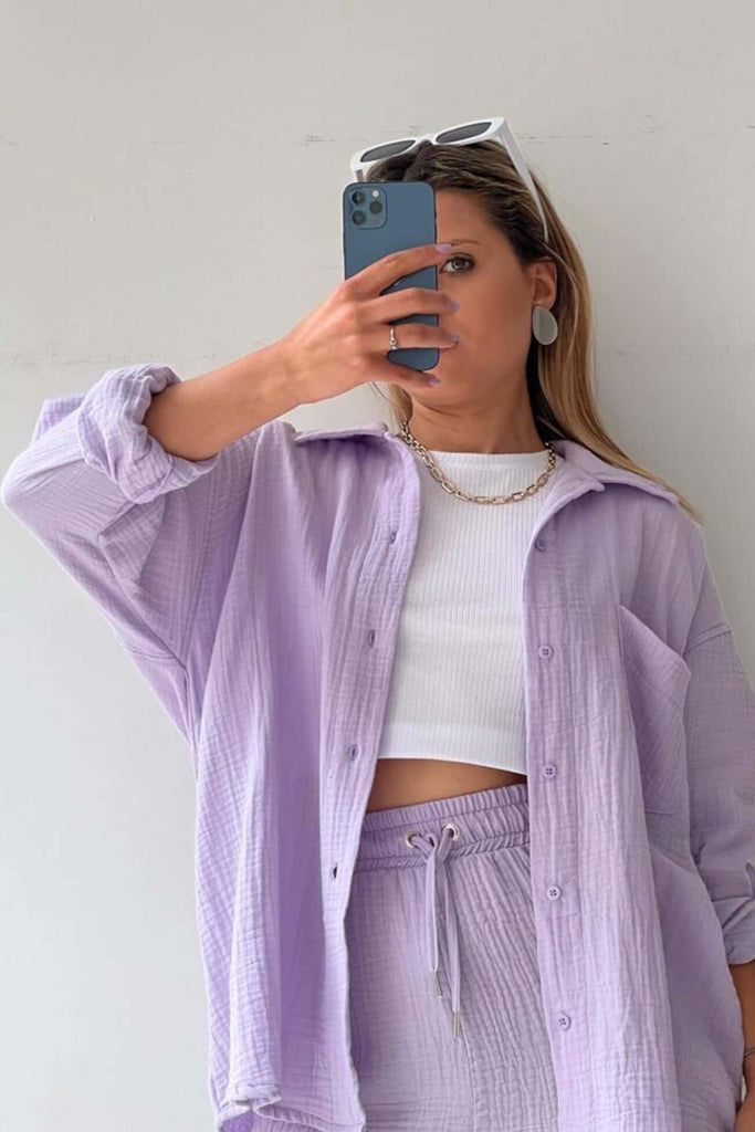 Liselle | Chic and Cozy Long Sleeve Shirt Short Set-DESTINY