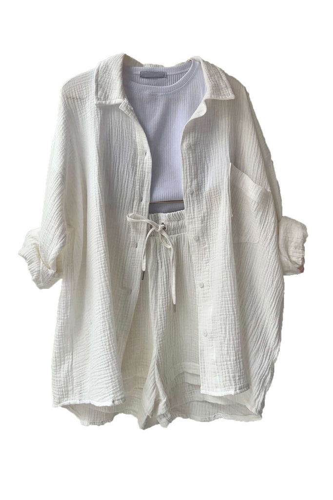 Liselle | Chic and Cozy Long Sleeve Shirt Short Set-DESTINY