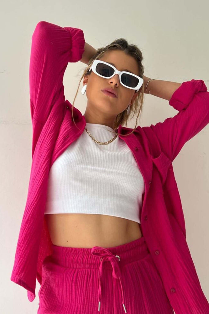 Liselle | Chic and Cozy Long Sleeve Shirt Short Set-DESTINY