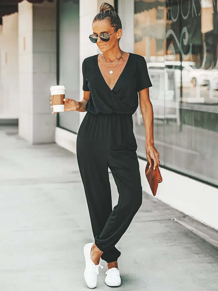 Short-sleeved jumpsuit with V-neckline-DESTINY