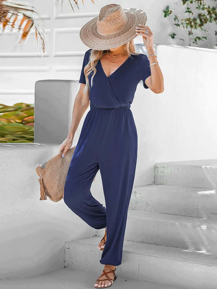 Short-sleeved jumpsuit with V-neckline-DESTINY