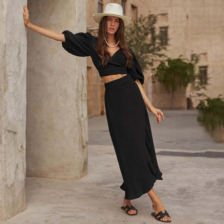 Miranda - Bohemian two-piece set with wrap skirt and crop top-DESTINY