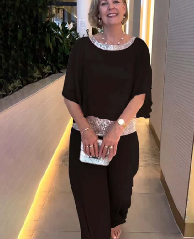 Elegant two-piece set with sequins and colourful blocks-DESTINY