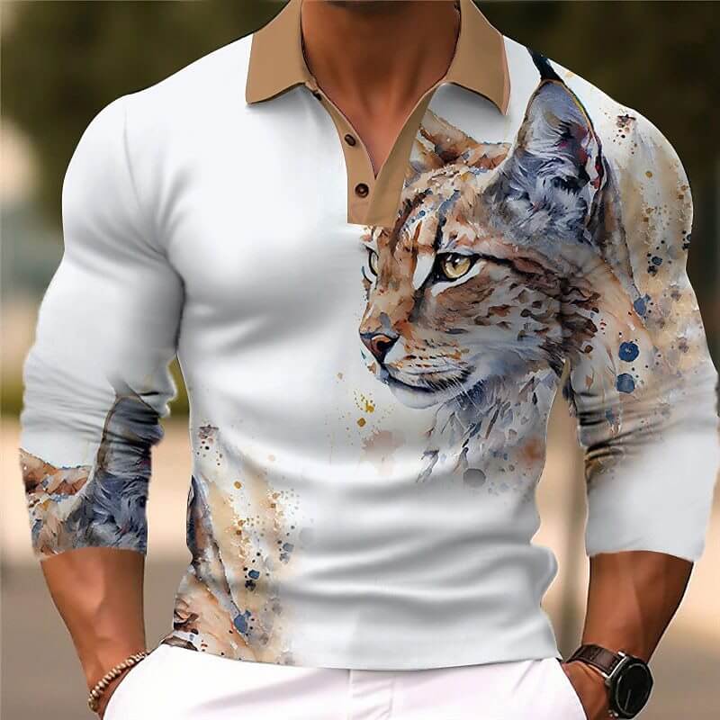 Men's Fashion Cat 3d Printed Long Sleeve Polo Shirt 22373596YY-DESTINY