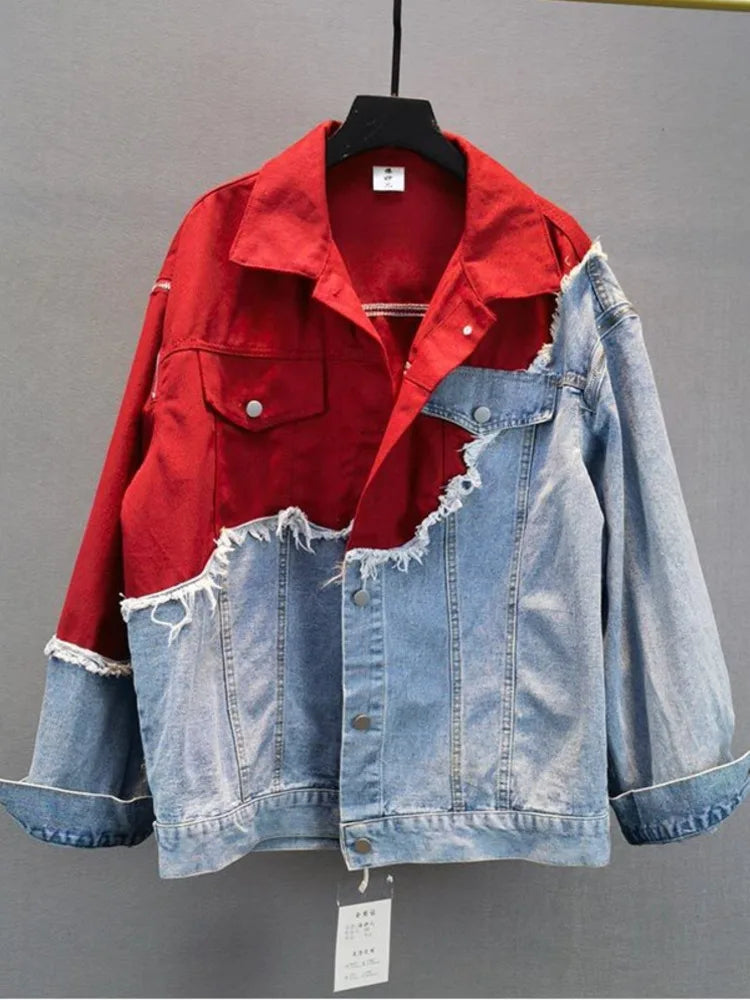Streetwear-inspired denim patchwork jacket - Casual wear for everyday comfort - Ideal for layering-DESTINY