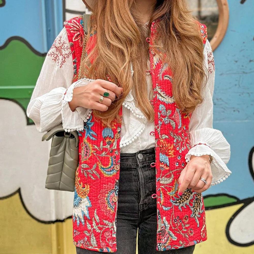 Cheerful sleeveless cardigan with floral pattern-DESTINY