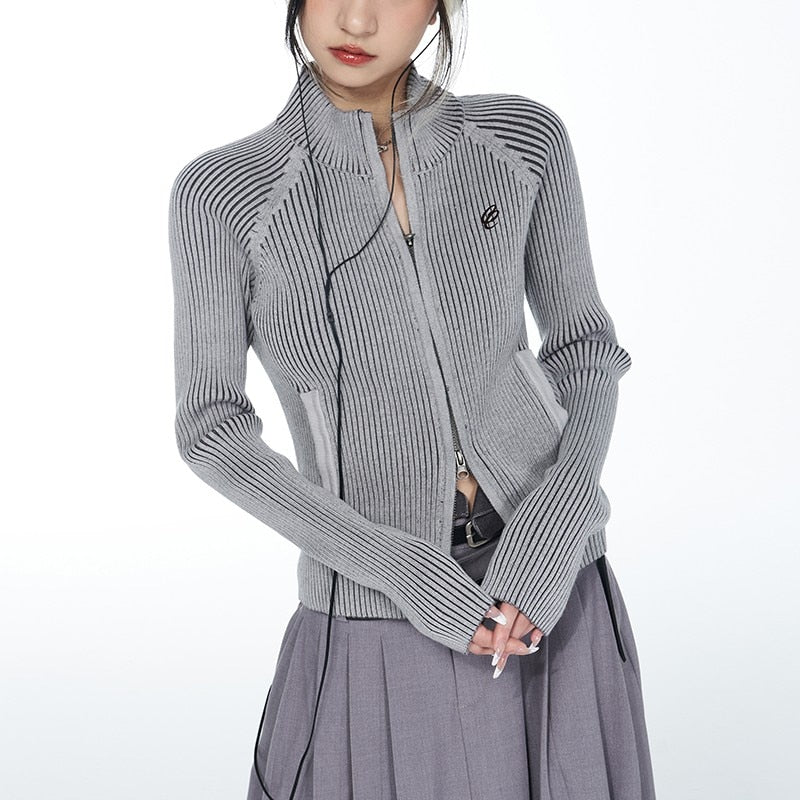 Cosy Karrcat classic - women's vintage rib-knit cardigan with grunge embroidery and zip-DESTINY