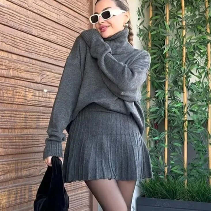 Sophia - Ribbed turtleneck jumper with crop cut and pleated skirt set-DESTINY