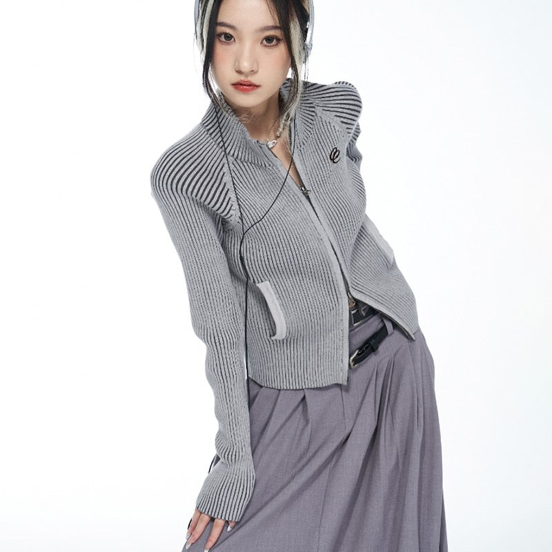Women's ribbed knit cardigan with grunge accents and zip fastener-DESTINY