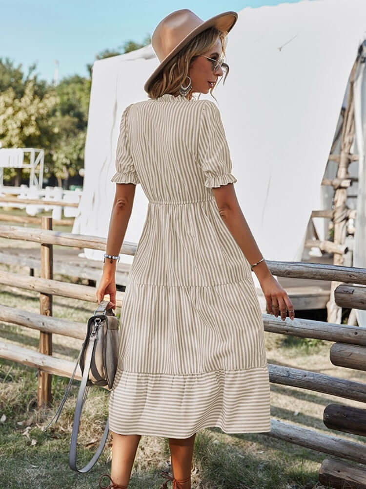 Vera dress - striped, V-neck, flounce sleeves-DESTINY